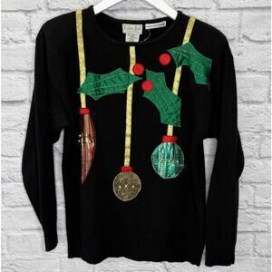 Vintage Colter Bay Womens Christmas Sweater Size M Ornaments Holly Black Wool